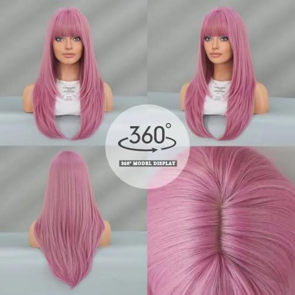 Long Straight Pink Synthetic Wig with Bangs‎ Layered Heat Resistant Hairpiece